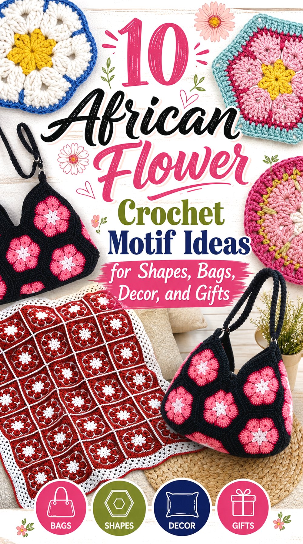 African Flower Crochet Motif Ideas for Shapes Bags Decor and Gifts