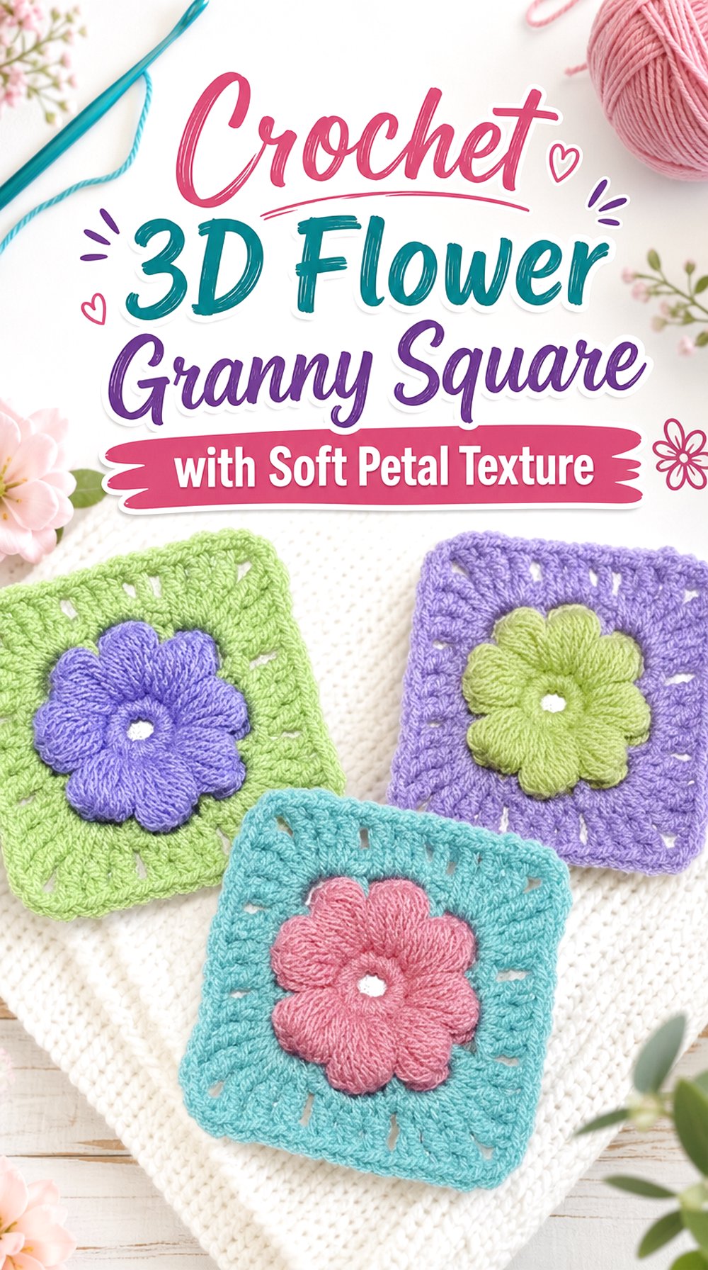 Crochet D Flower Granny Square with Soft Petal Texture