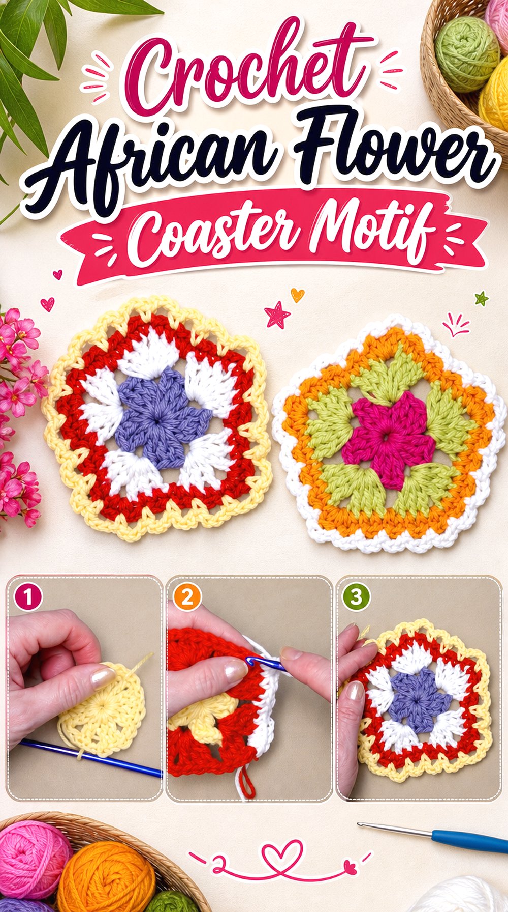 Crochet African Flower Coaster Motif