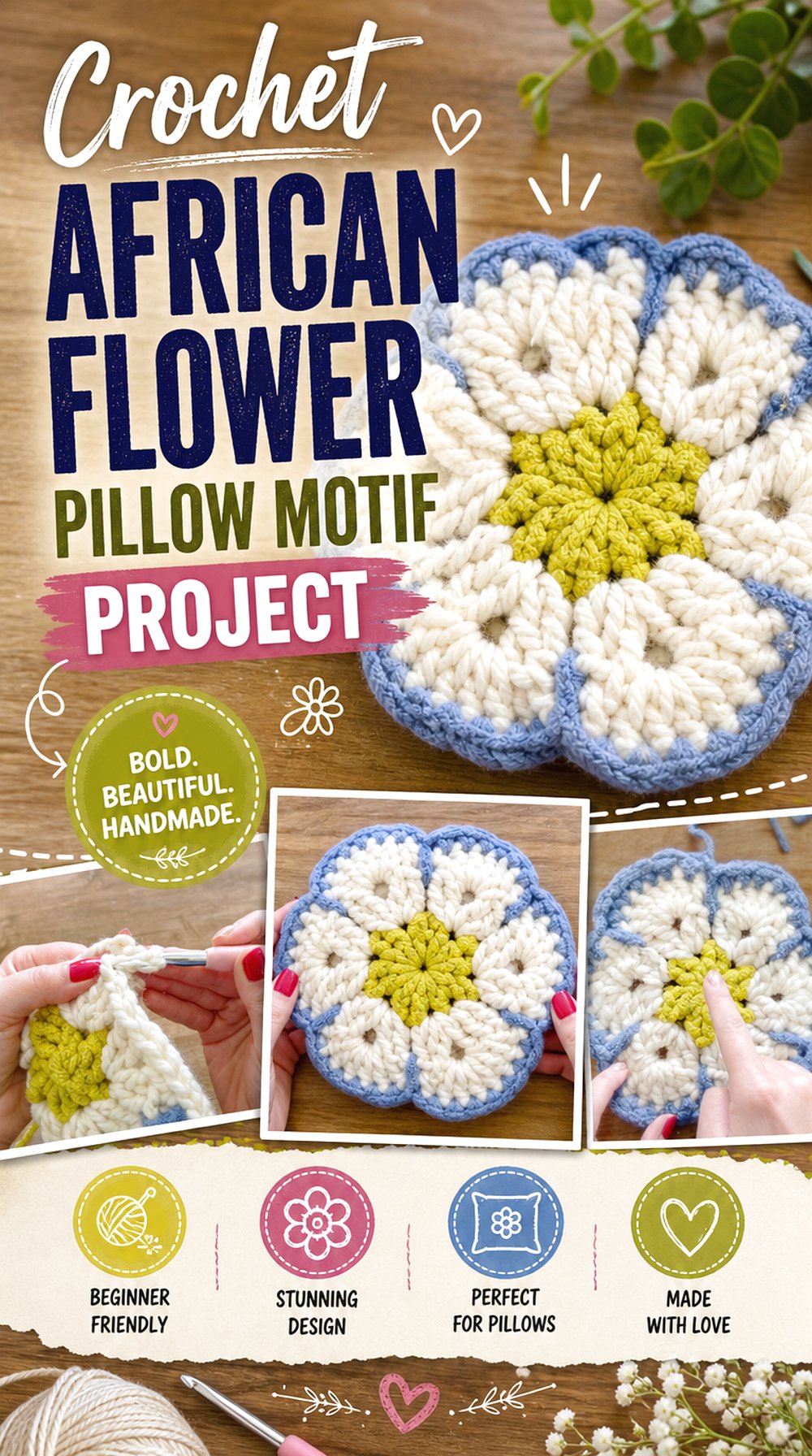 Crochet African Flower Pillow Motif Project