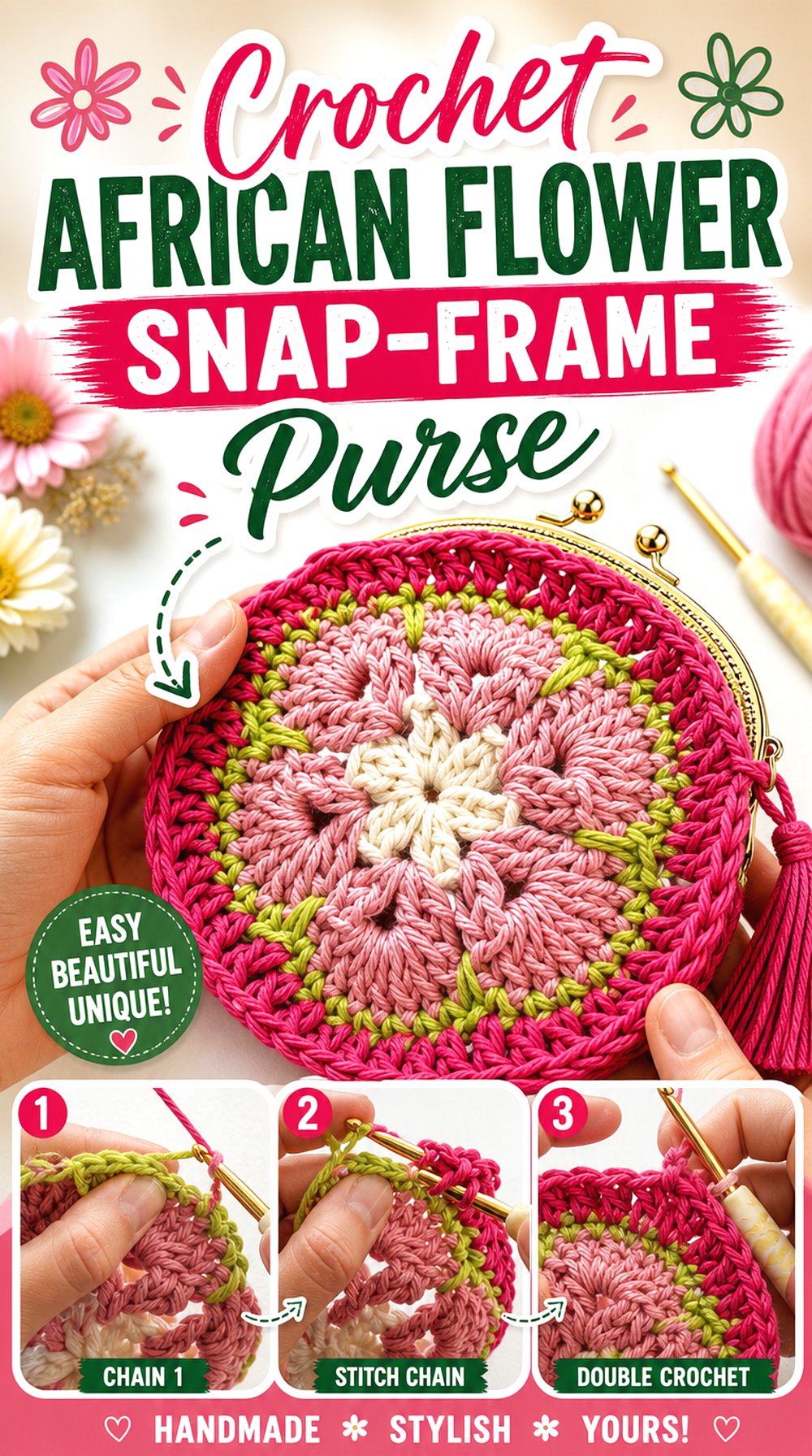 Crochet African Flower Snap Frame Purse