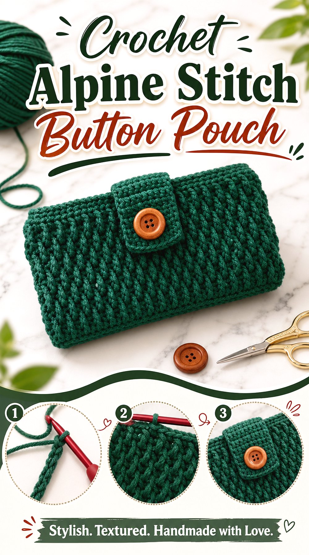 Crochet Alpine Stitch Button Pouch
