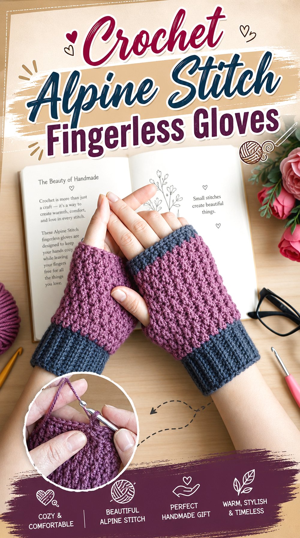 Crochet Alpine Stitch Fingerless Gloves