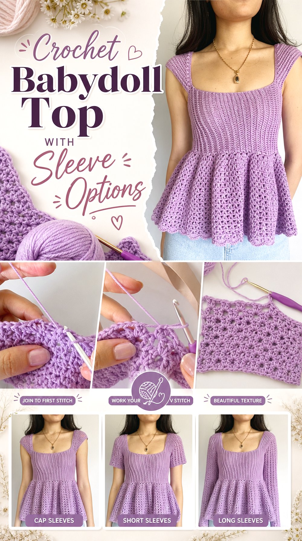 Crochet Babydoll Top With Sleeve Options