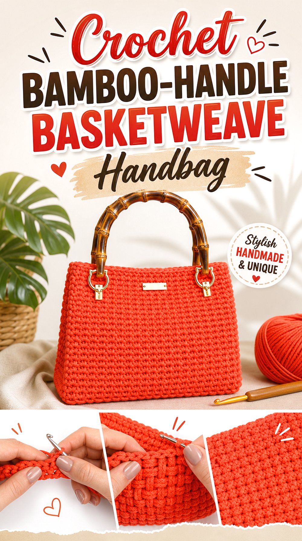 Crochet Bamboo Handle Basketweave Handbag