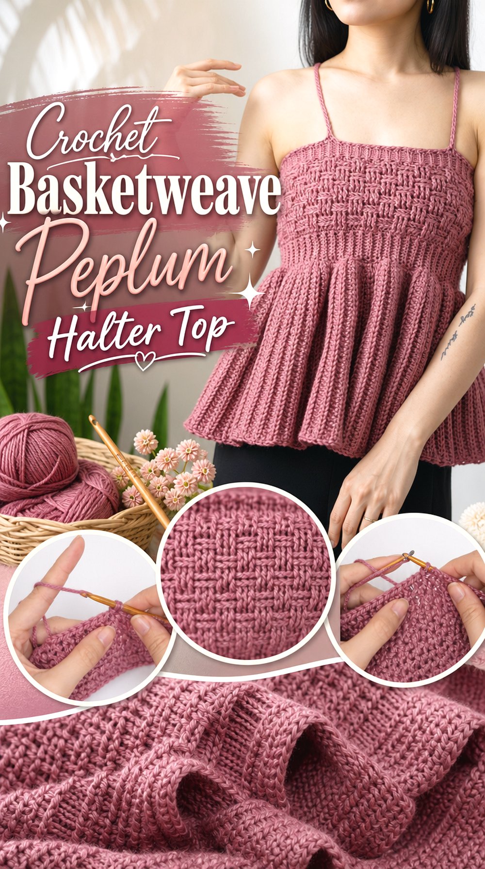Crochet Basketweave Peplum Halter Top