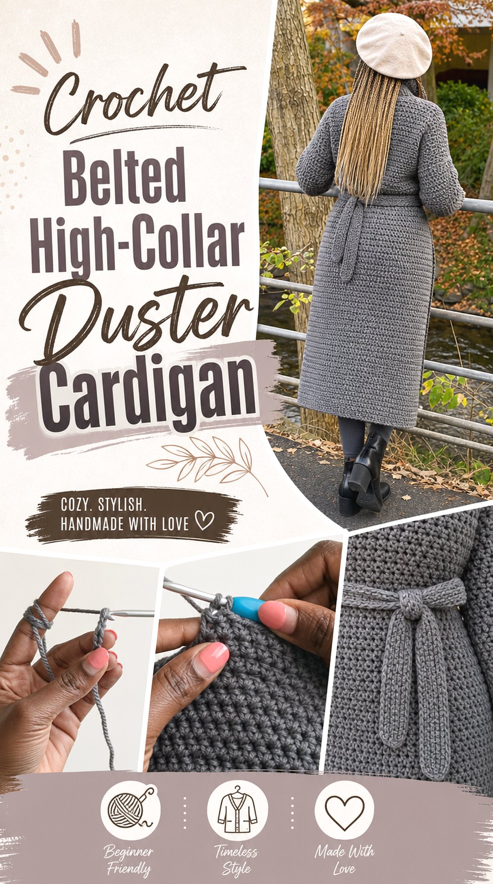 Crochet Belted High Collar Duster Cardigan