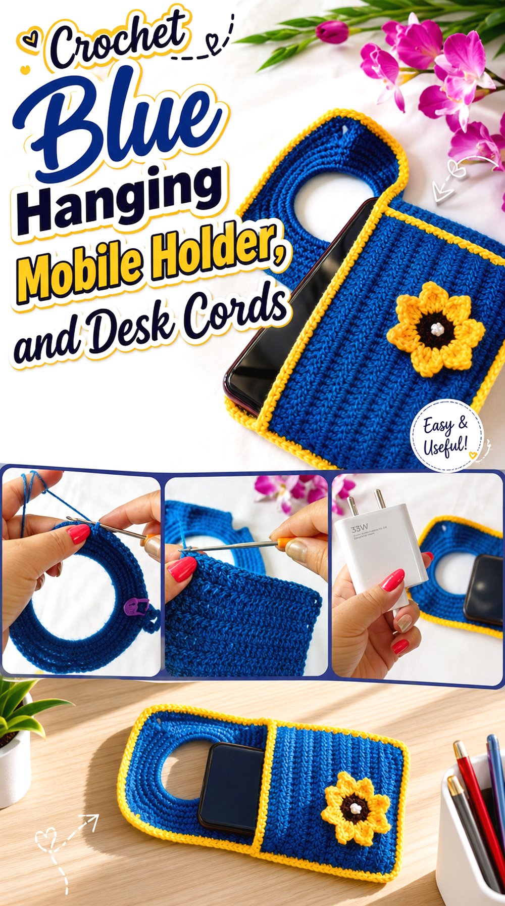 Crochet Blue Hanging Mobile Holder
