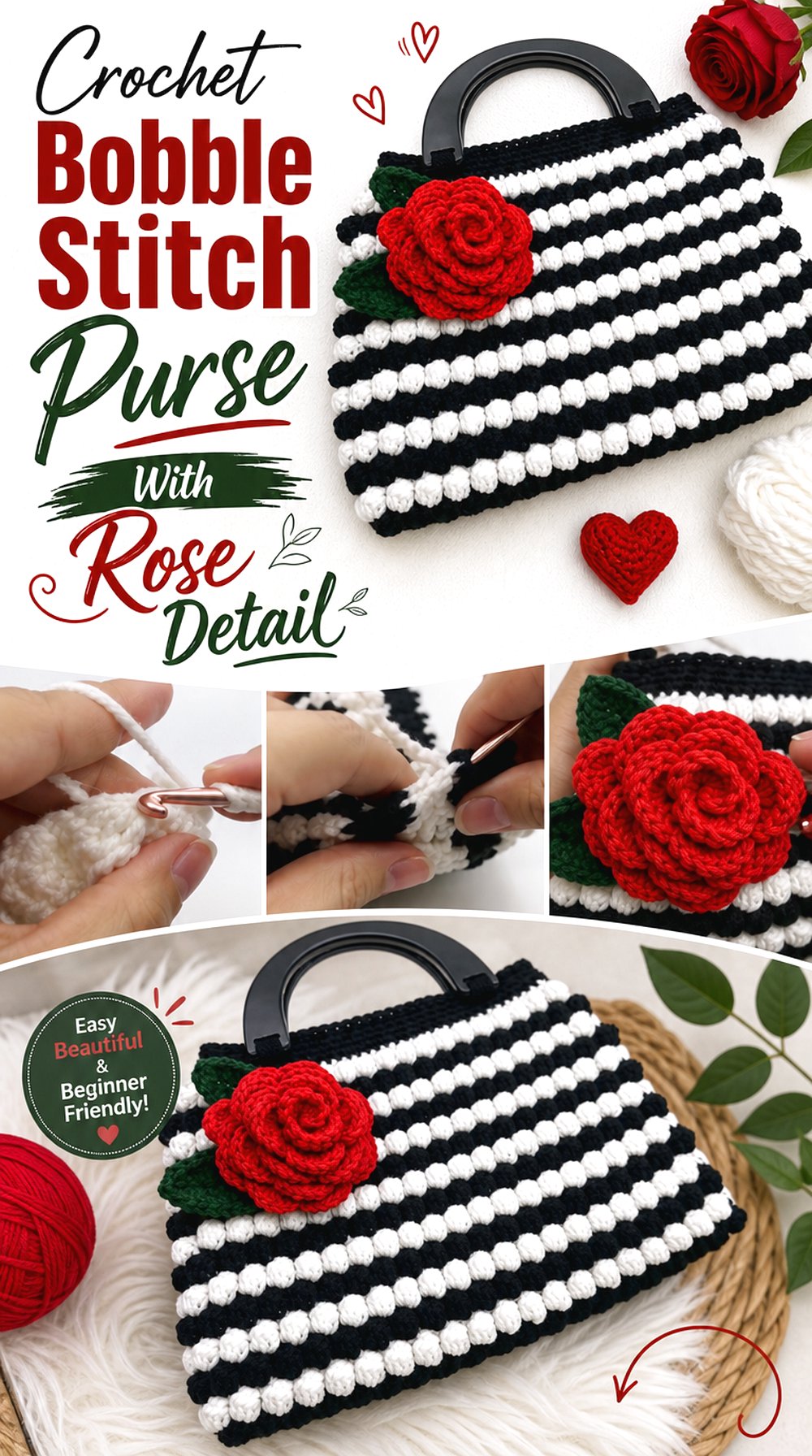 Crochet Bobble Stitch Purse With Rose Detail