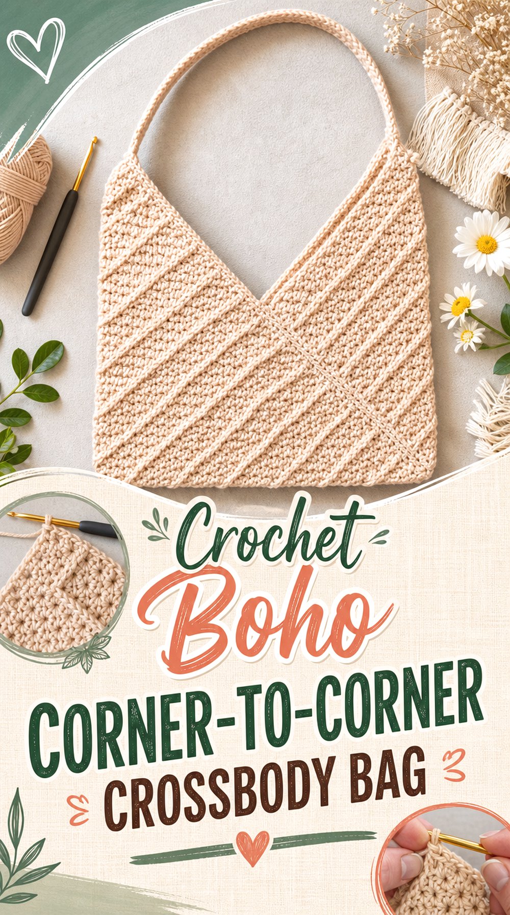 Crochet Boho Corner to Corner Crossbody Bag
