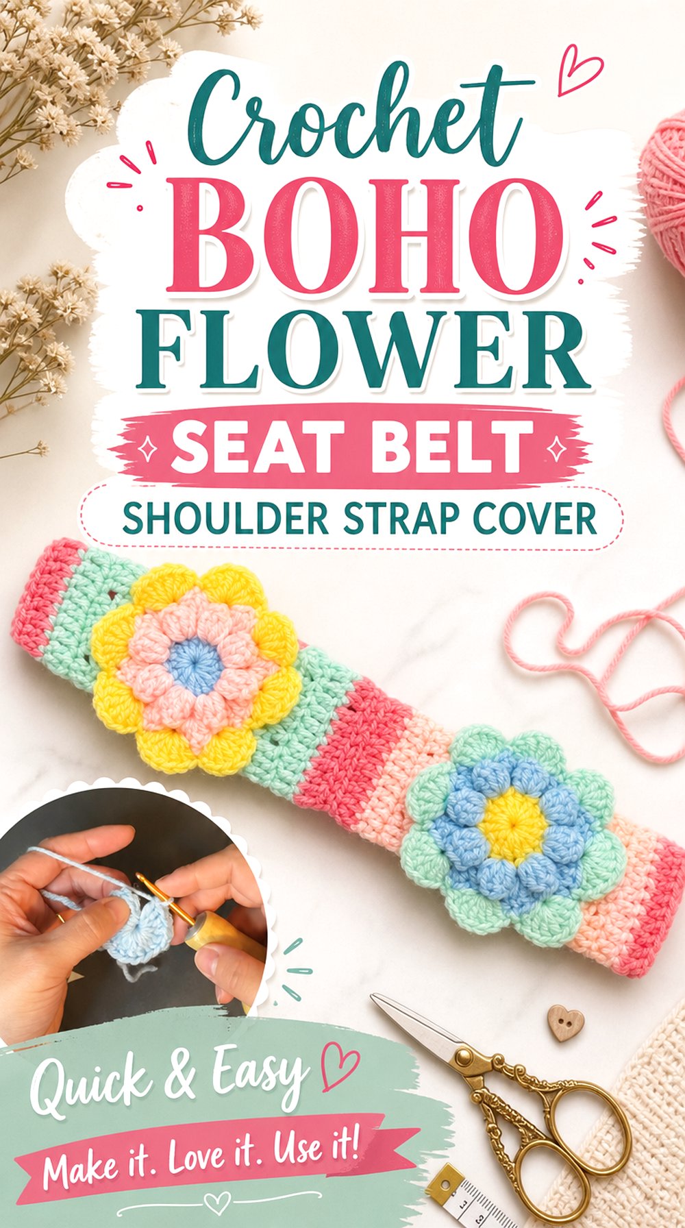 Crochet Boho Flower Seat Belt Shoulder Strap Cover
