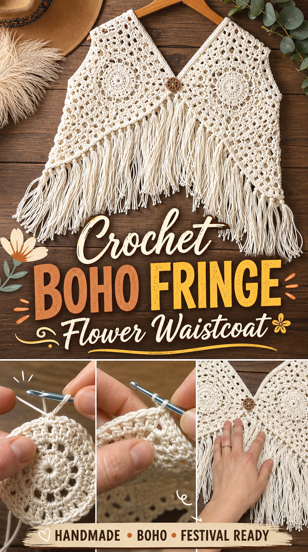 Crochet Boho Fringe Flower Waistcoat