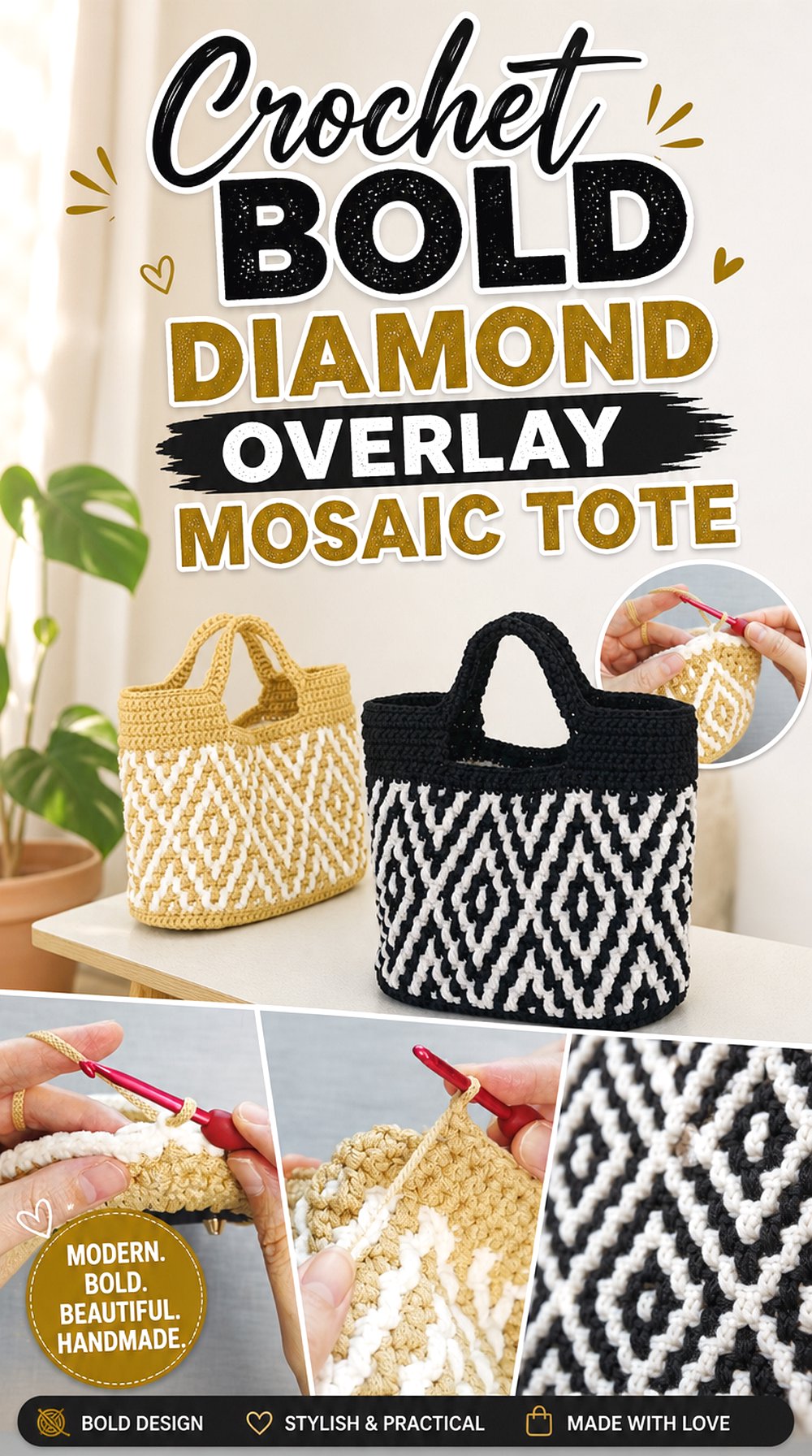 Crochet Bold Diamond Overlay Mosaic Tote