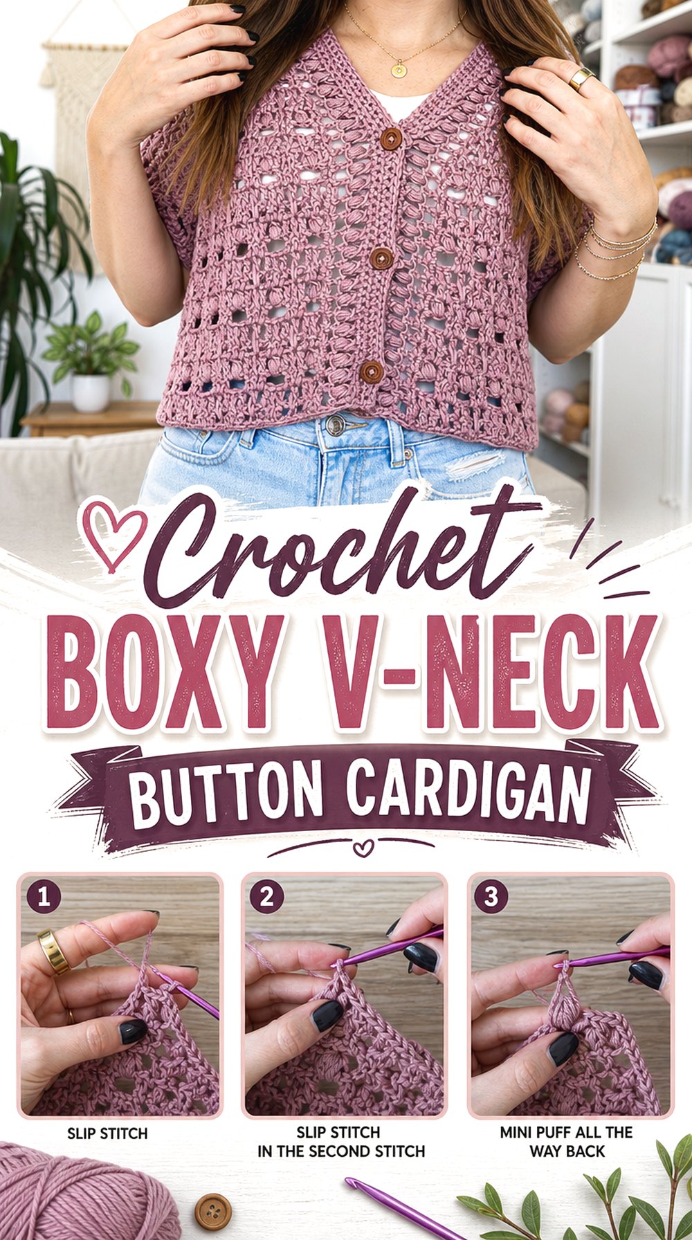 Crochet Boxy V Neck Button Cardigan