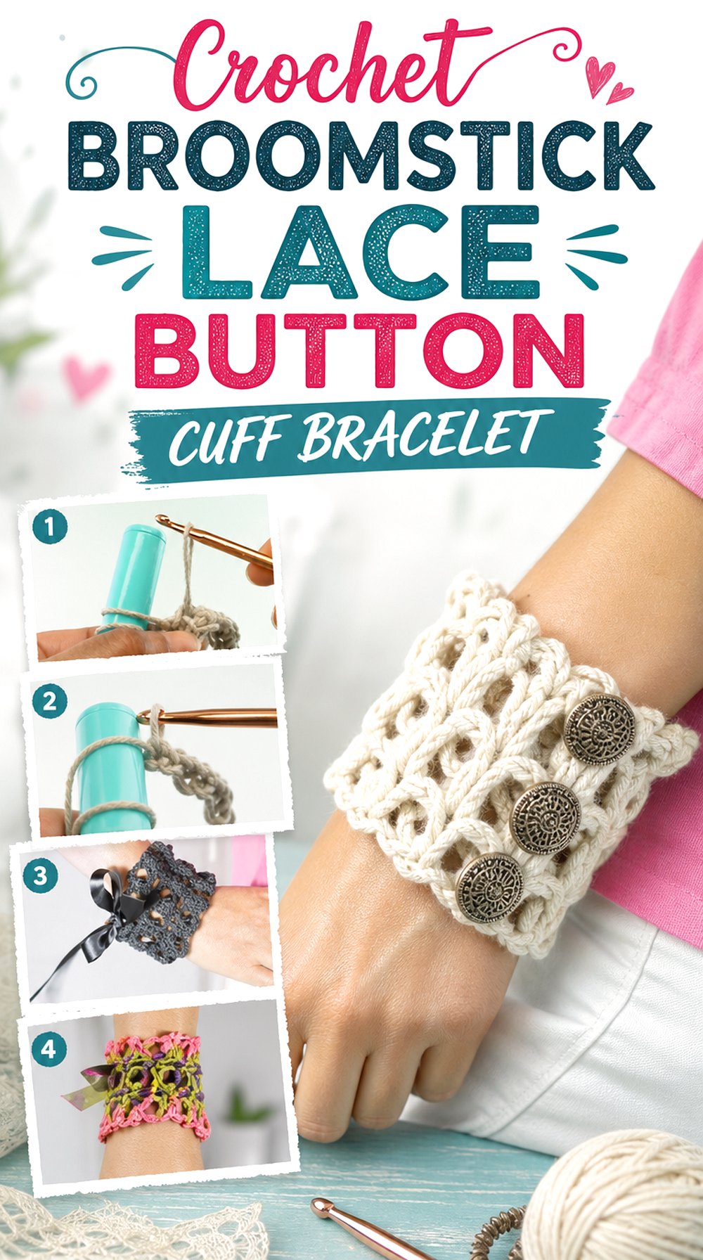 Crochet Broomstick Lace Button Cuff Bracelet