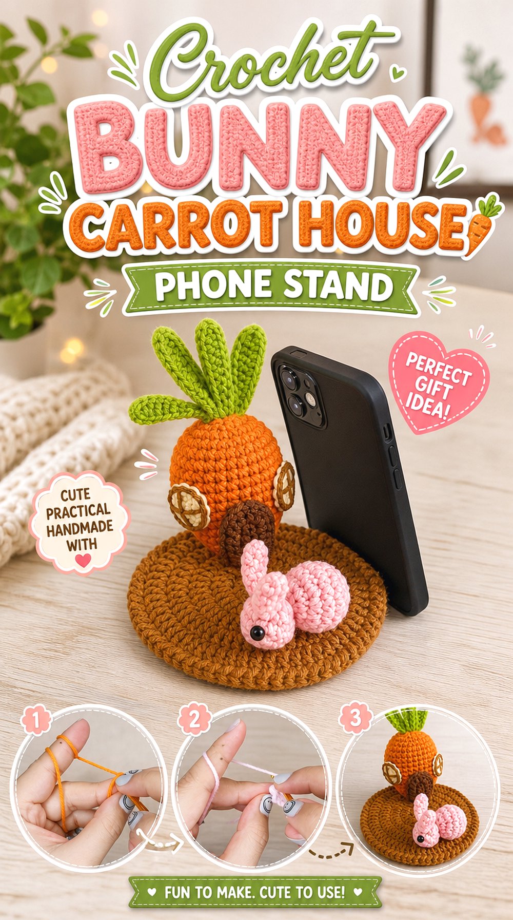 Crochet Bunny Carrot House Phone Stand