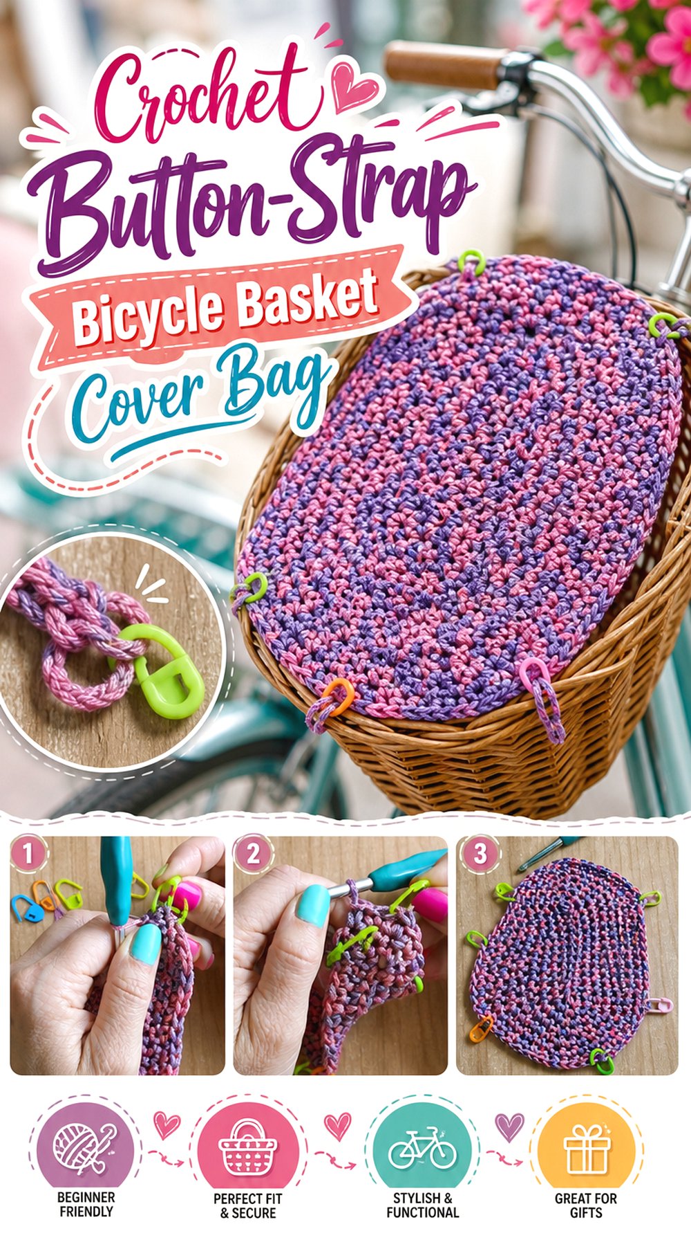 Crochet Button Strap Bicycle Basket Cover Bag