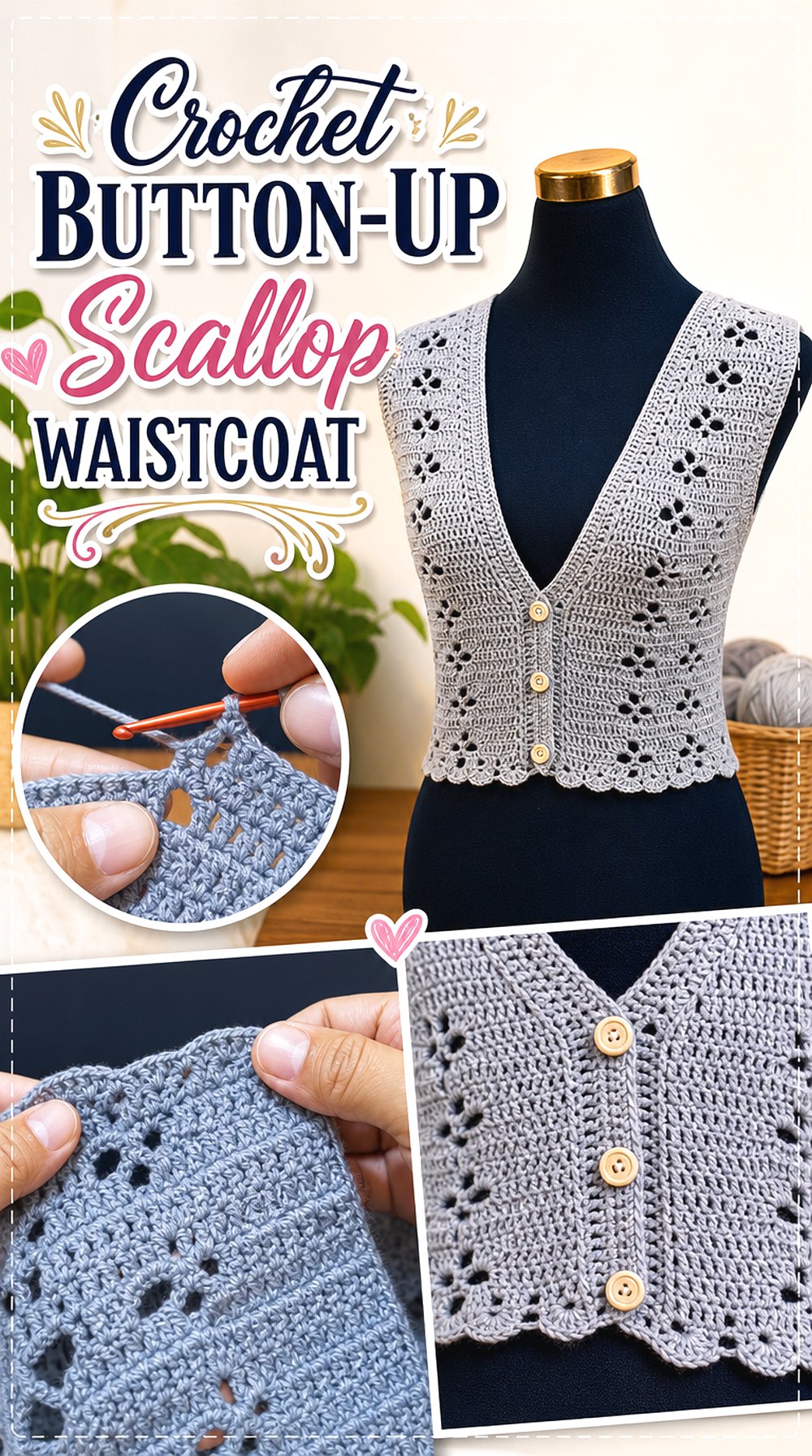 Crochet Button Up Scallop Waistcoat