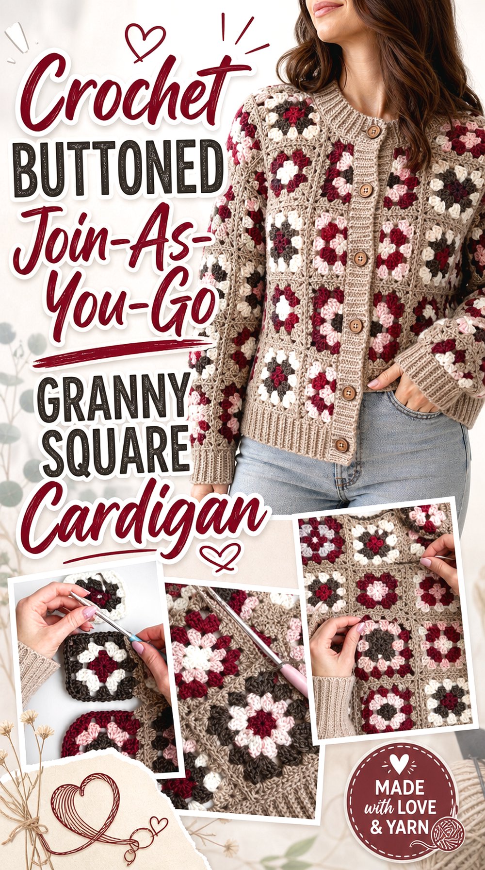 Crochet Buttoned Join As You Go Granny Square Cardigan