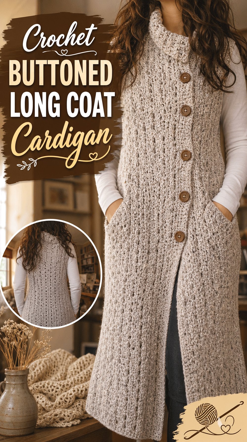Crochet Buttoned Long Coat Cardigan