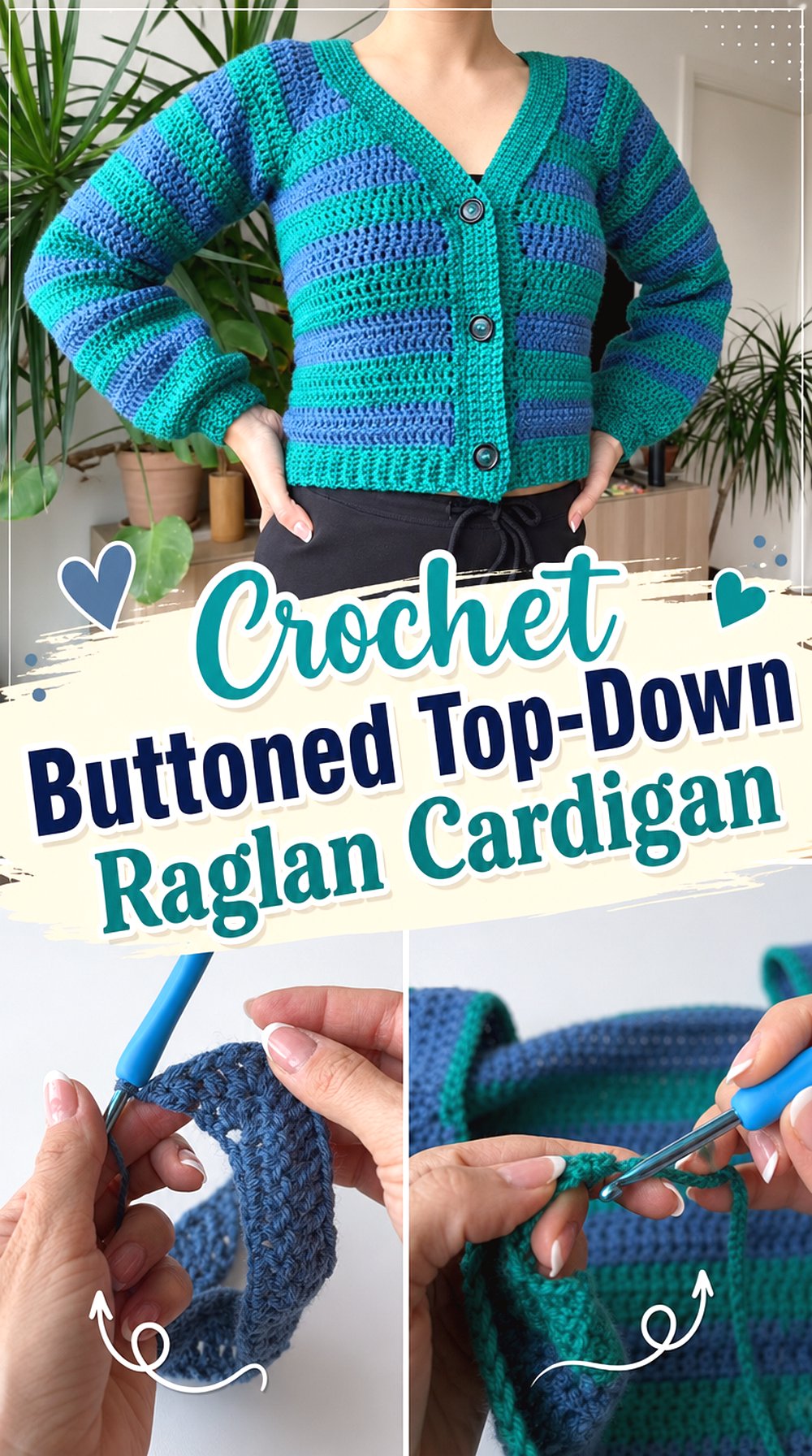 Crochet Buttoned Top Down Raglan Cardigan