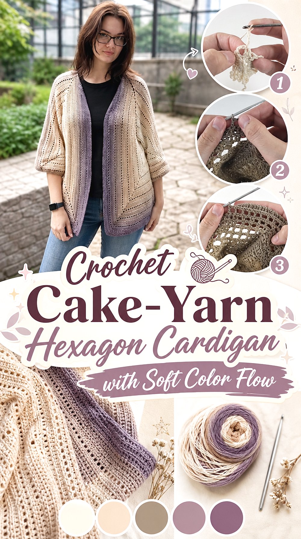 Crochet Cake Yarn Hexagon Cardigan with Soft Color Flow
