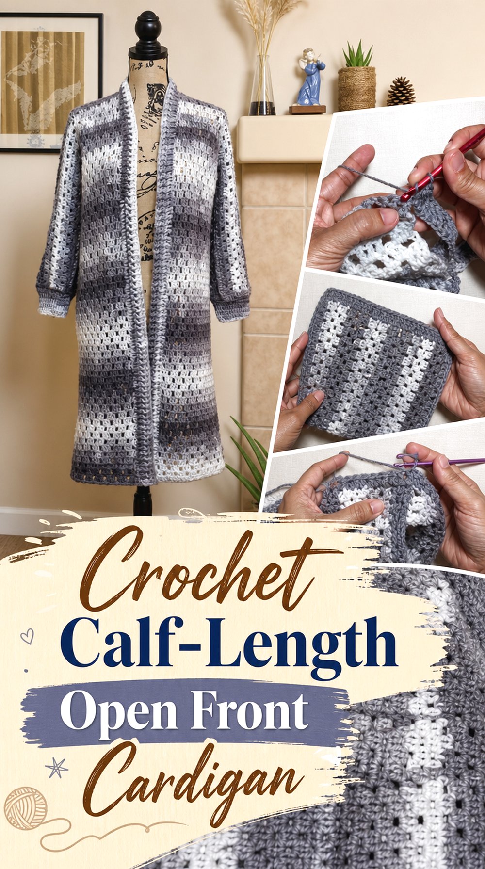 Crochet Calf Length Open Front Cardigan