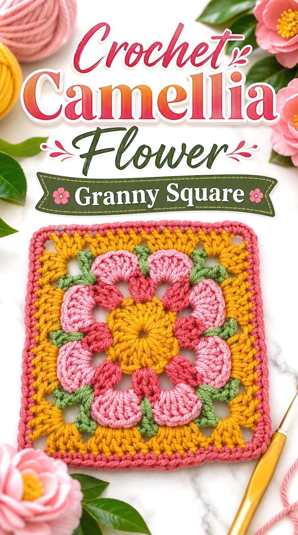 Crochet Camellia Flower Granny Square