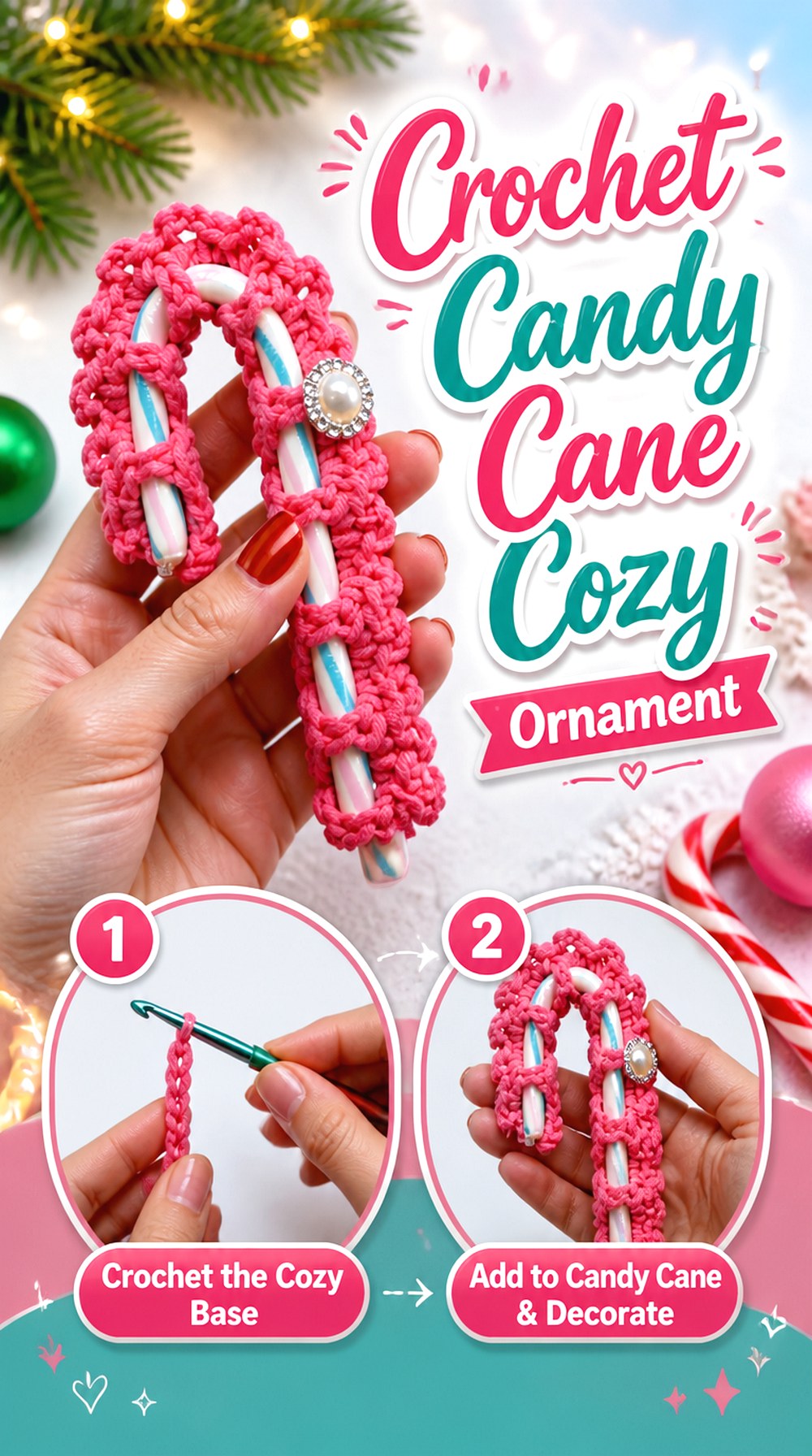 Crochet Candy Cane Cozy Ornament
