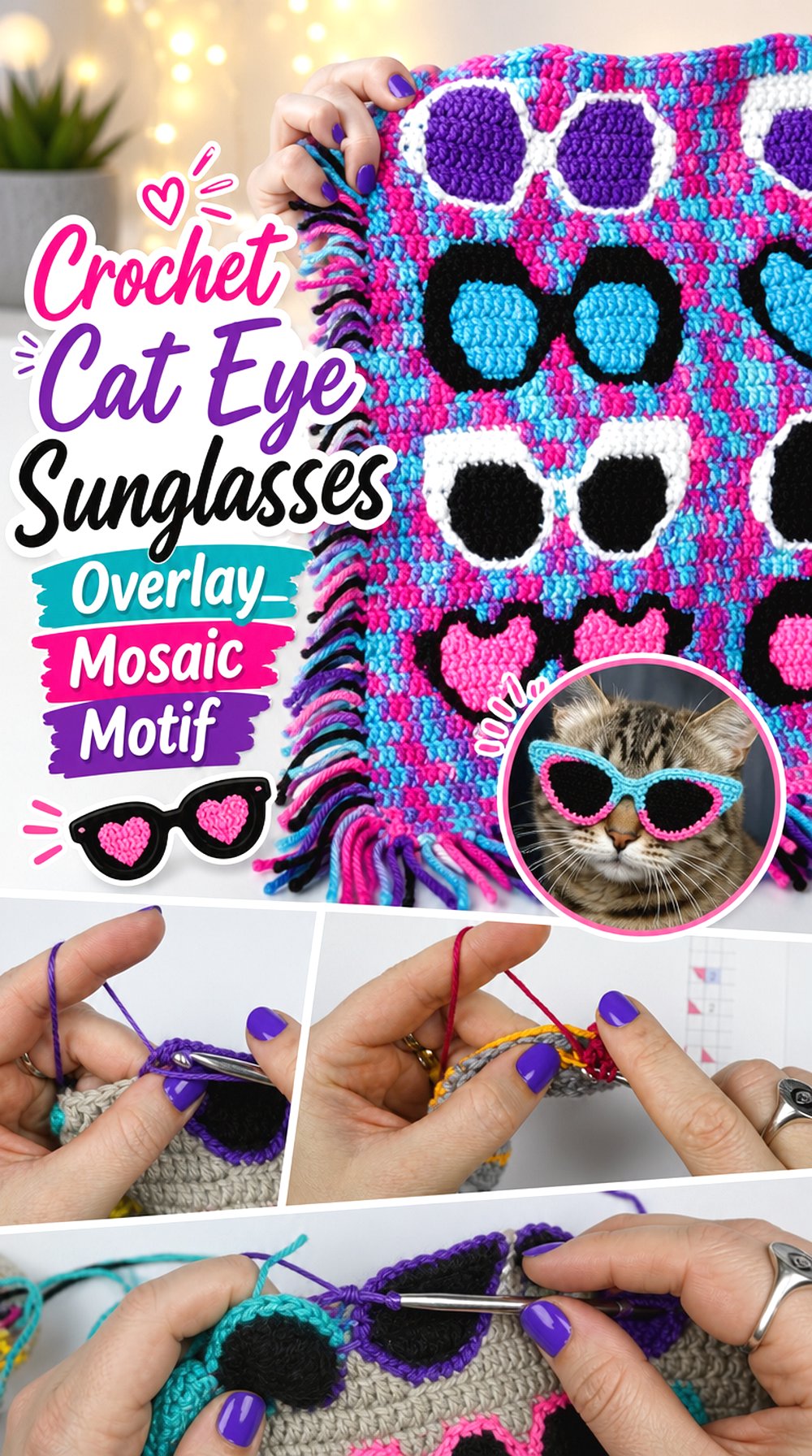 Crochet Cat Eye Sunglasses Overlay Mosaic Motif