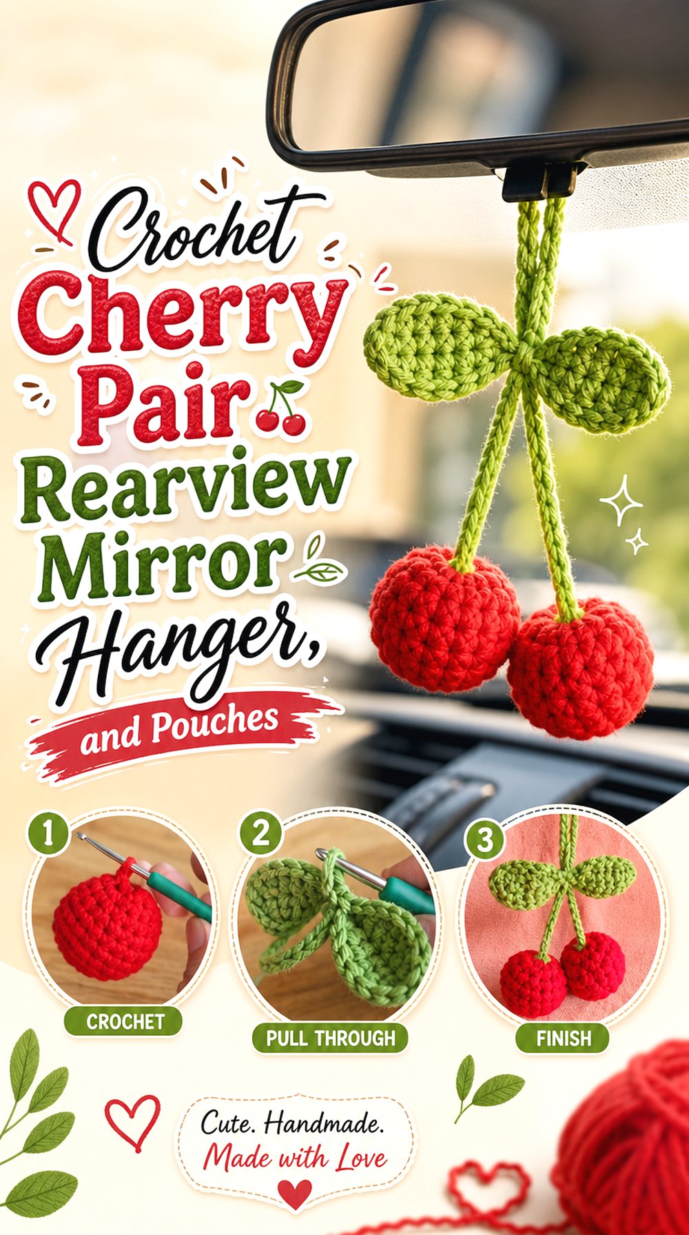 Crochet Cherry Pair Rearview Mirror Hanger