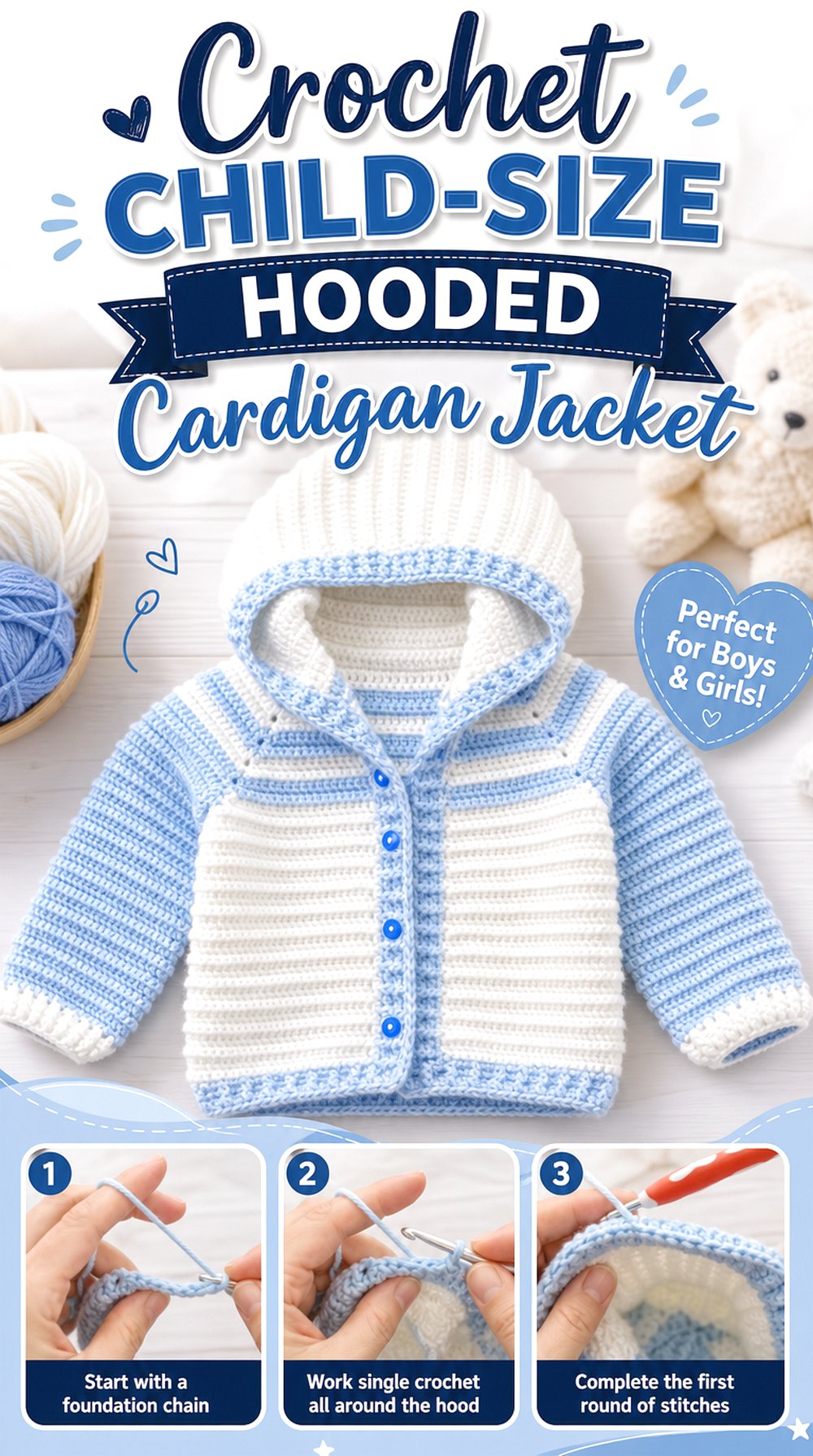 Crochet Child Size Hooded Cardigan Jacket
