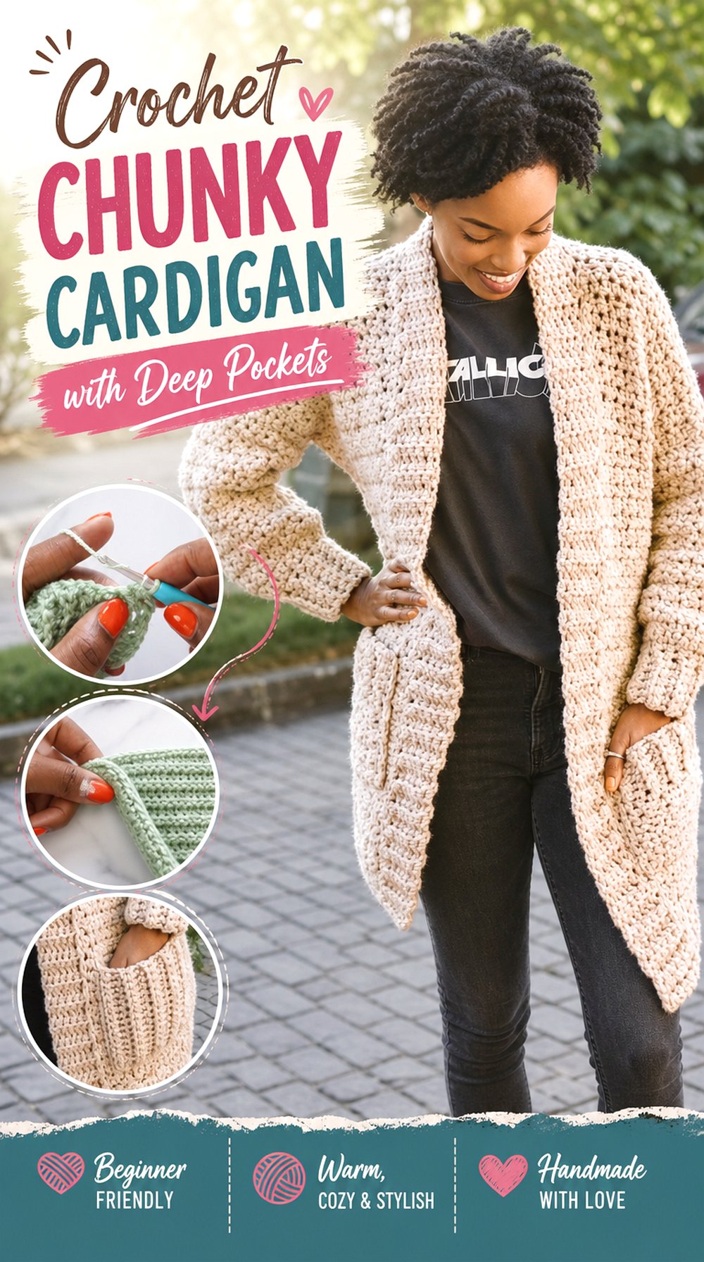 Crochet Chunky Cardigan with Deep Pockets