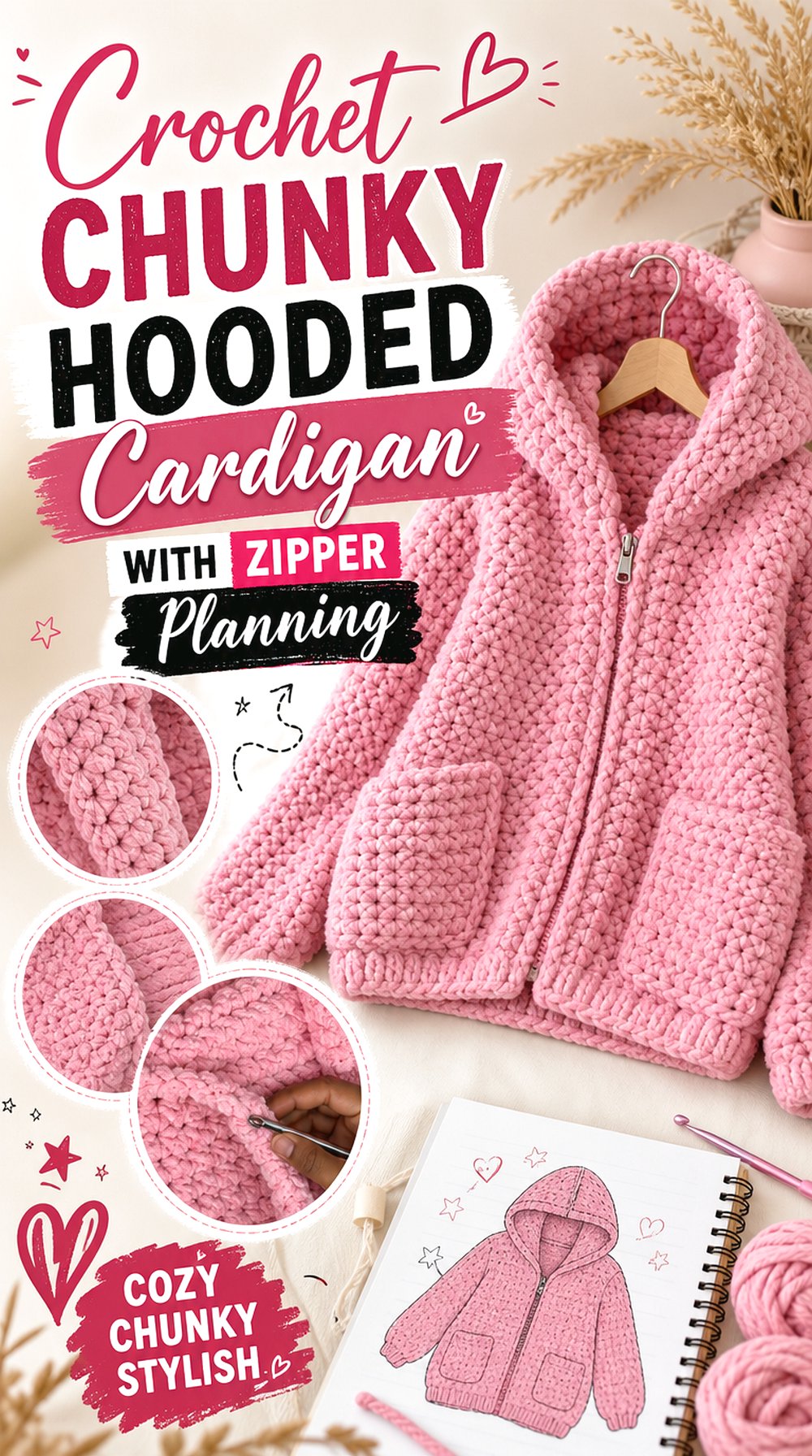 Crochet Chunky Hooded Cardigan with Zipper Planning