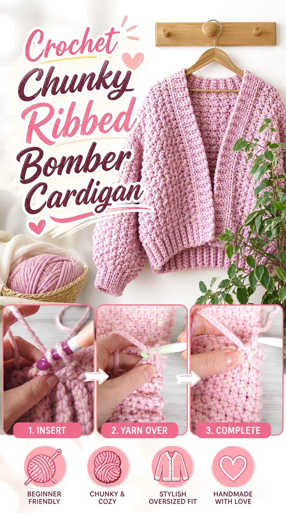 Crochet Chunky Ribbed Bomber Cardigan