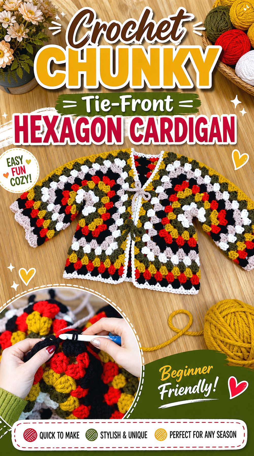 Crochet Chunky Tie Front Hexagon Cardigan