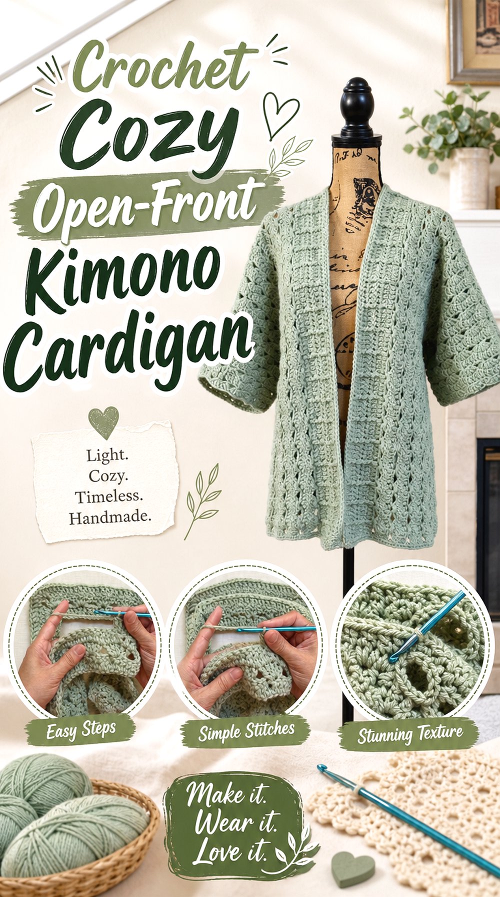 Crochet Cozy Open Front Kimono Cardigan
