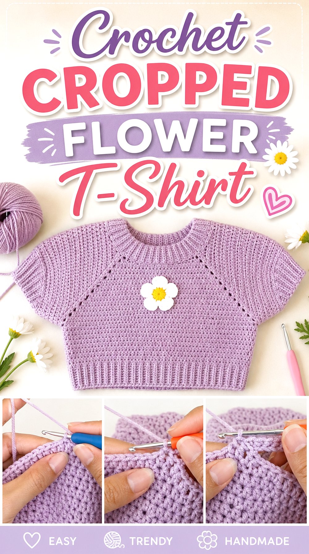 Crochet Cropped Flower T Shirt