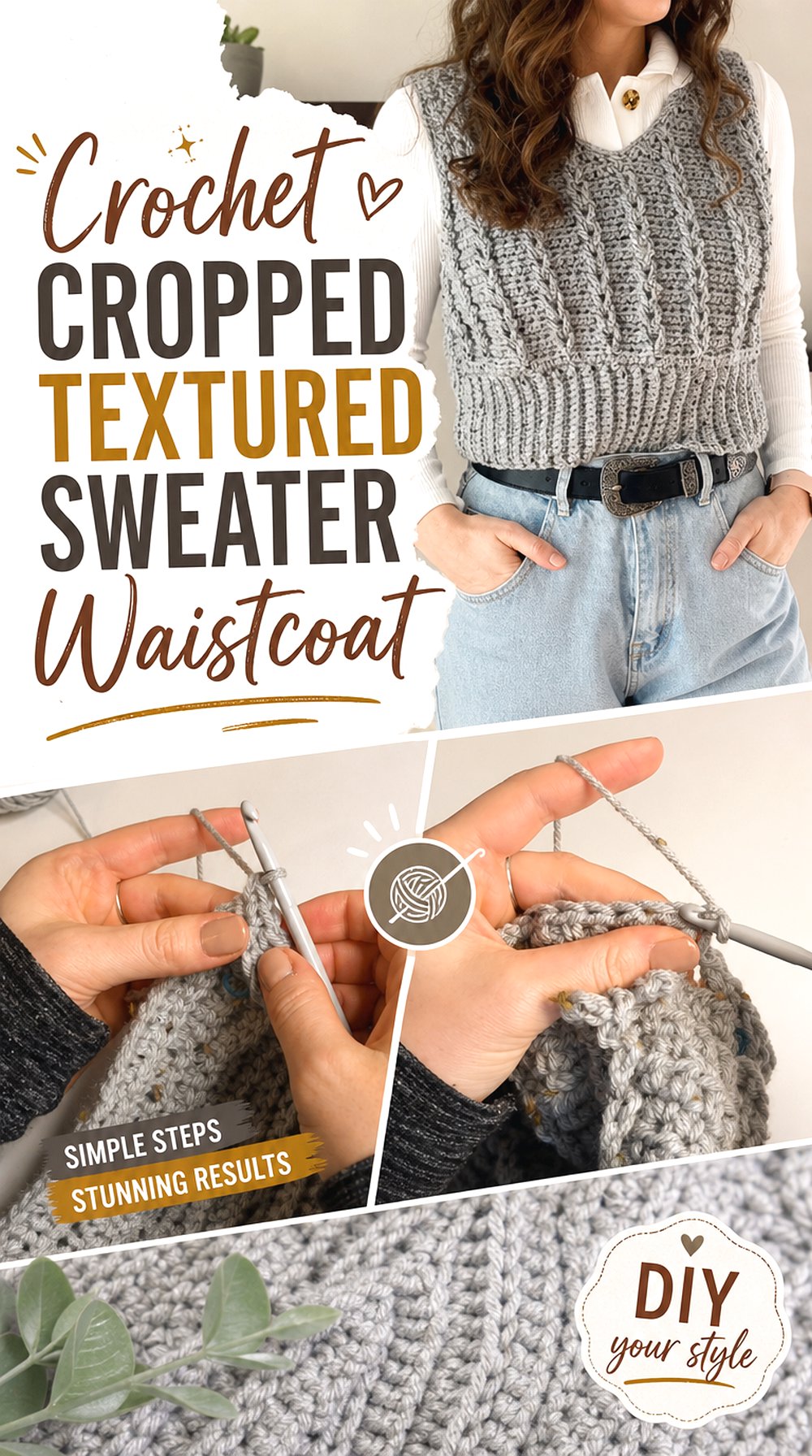 Crochet Cropped Textured Sweater Waistcoat