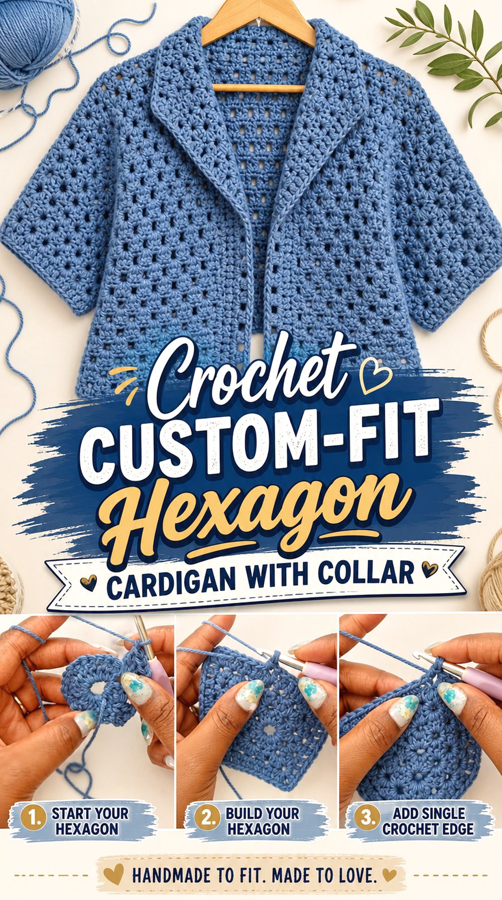 Crochet Custom Fit Hexagon Cardigan with Collar