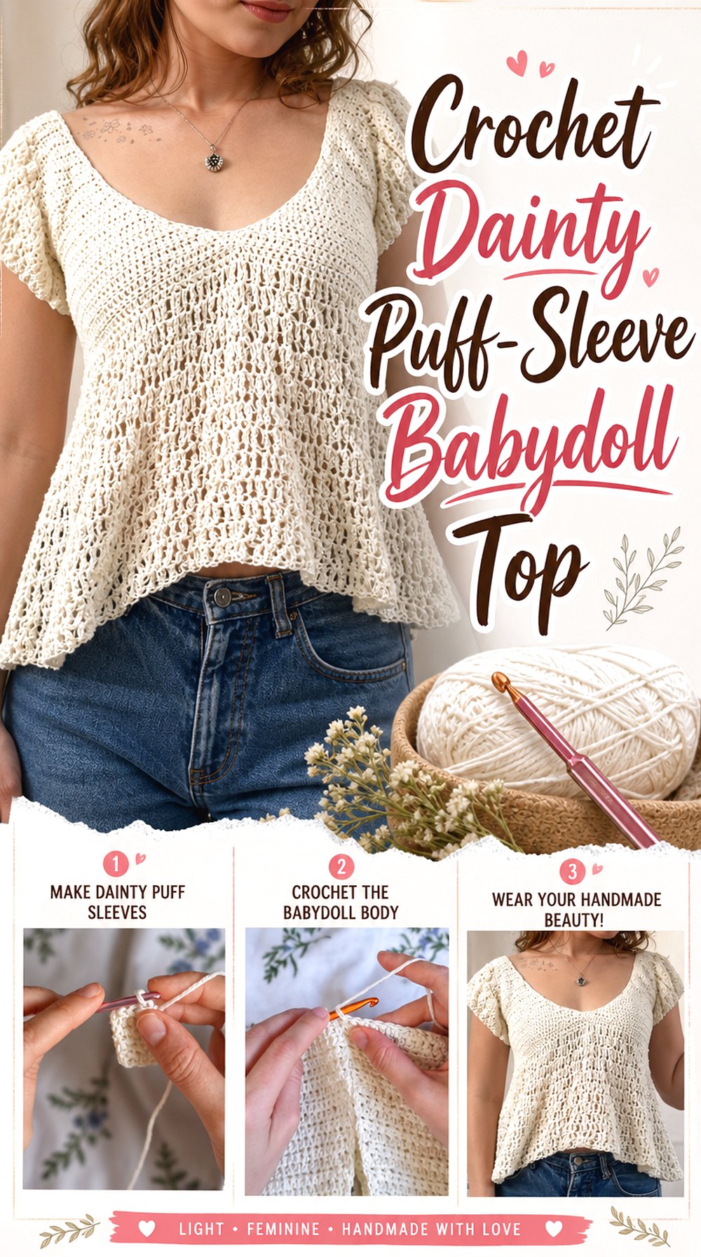 Crochet Dainty Puff Sleeve Babydoll Top