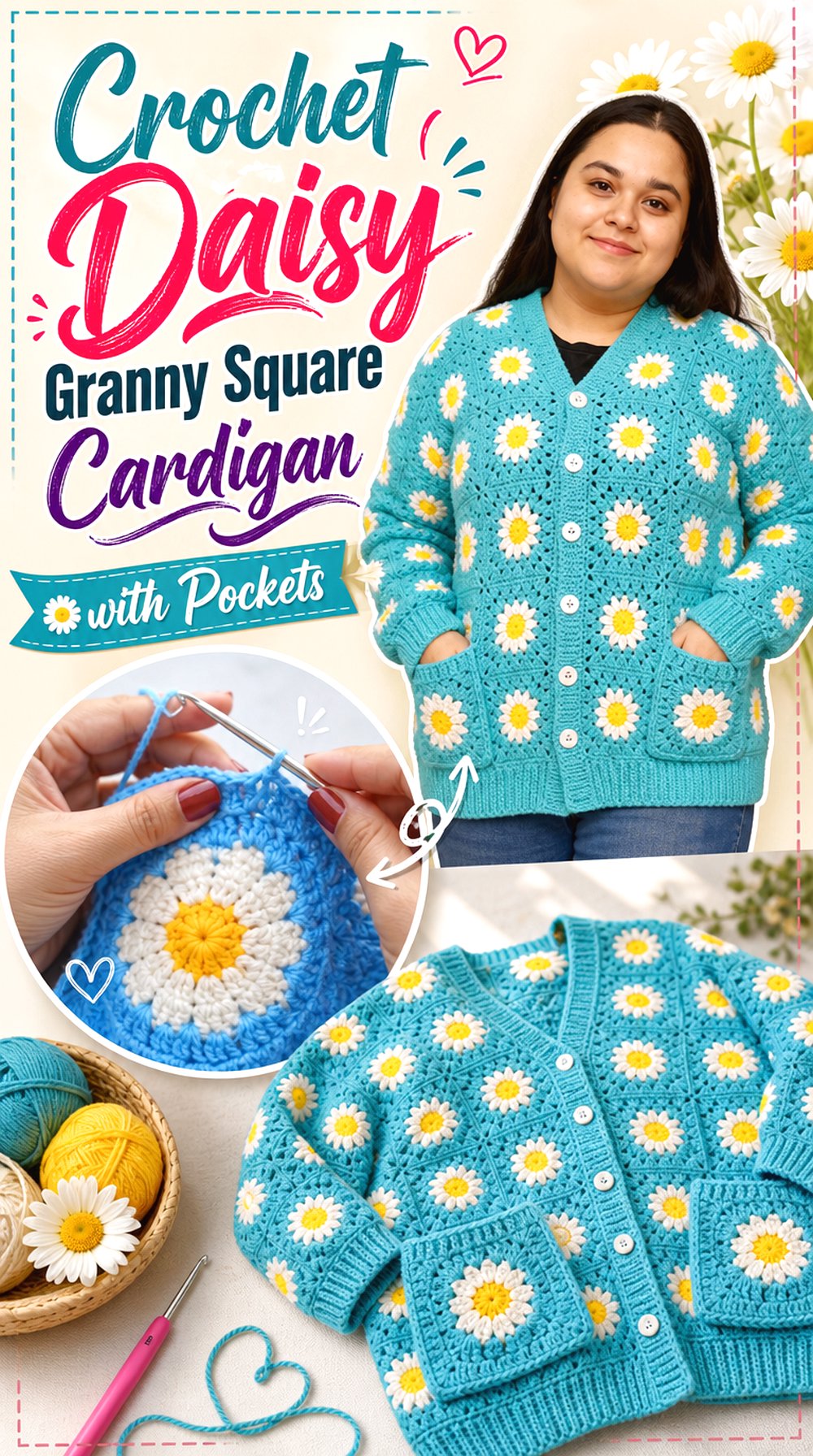 Crochet Daisy Granny Square Cardigan with Pockets