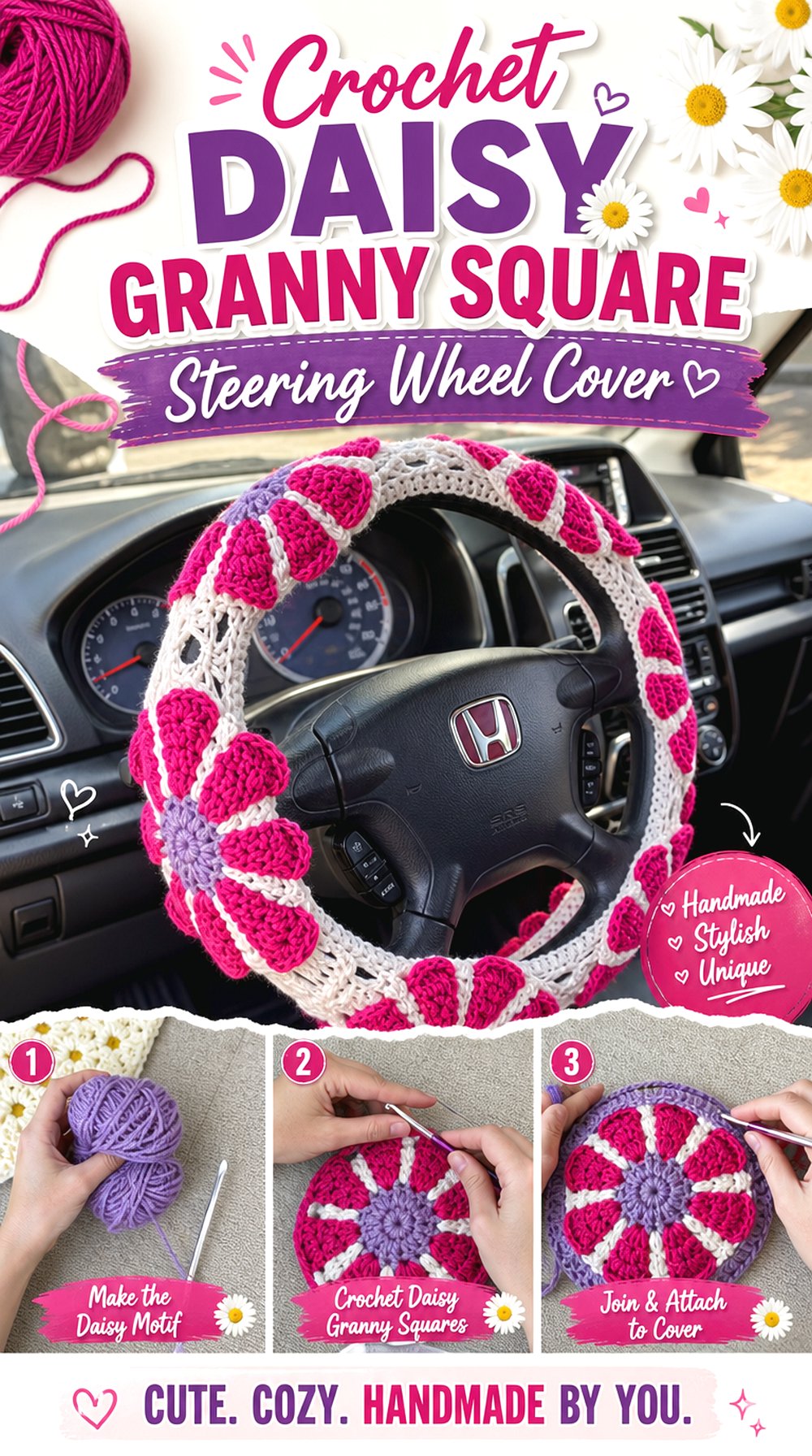 Crochet Daisy Granny Square Steering Wheel Cover