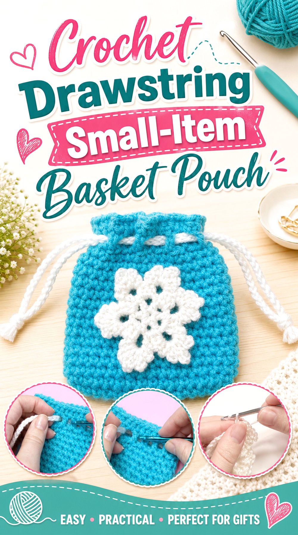 Crochet Drawstring Small Item Basket Pouch