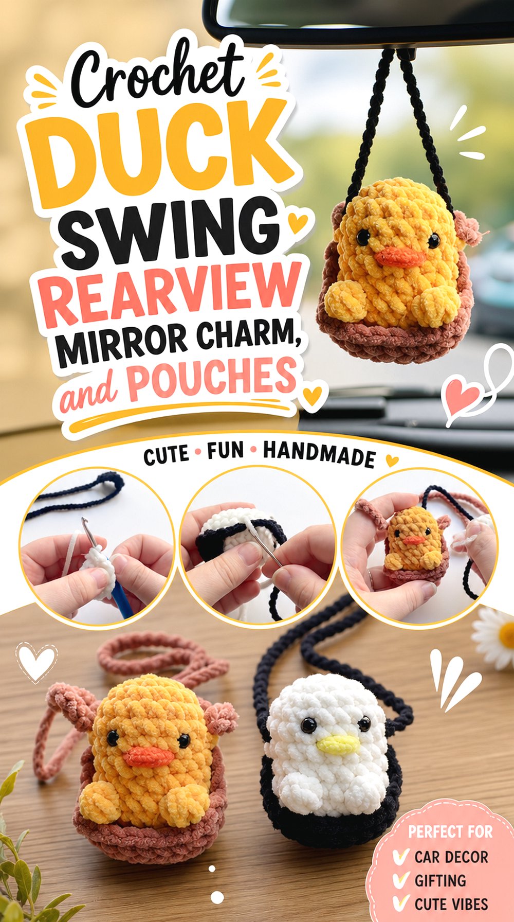 Crochet Duck Swing Rearview Mirror Charm