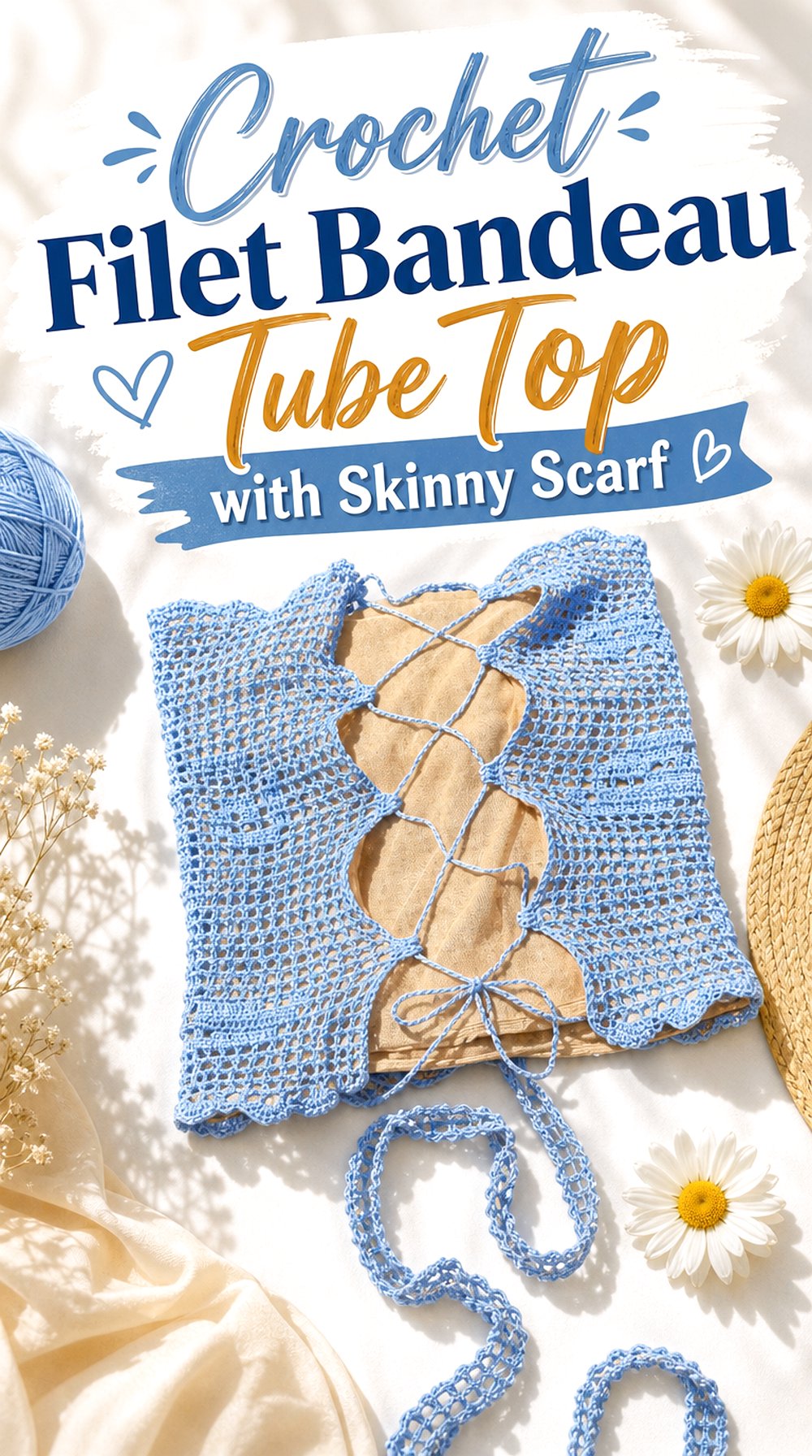 Crochet Filet Bandeau Tube Top with Skinny Scarf