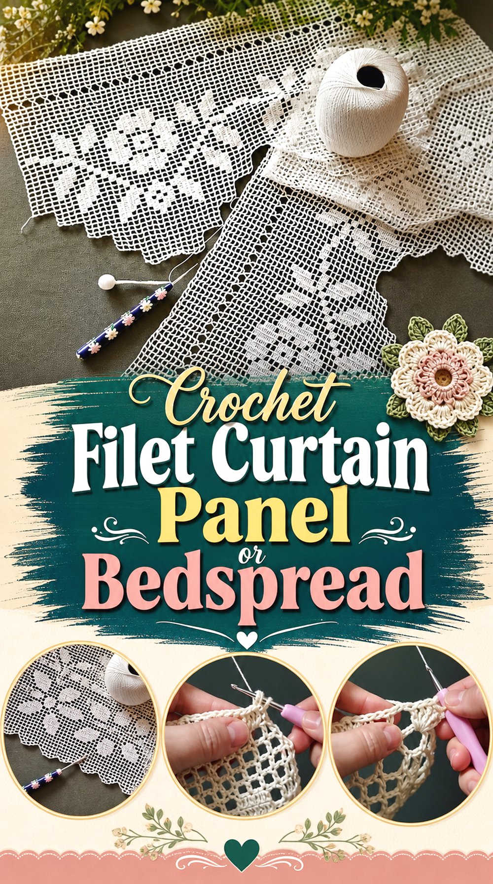 Crochet Filet Curtain Panel or Bedspread
