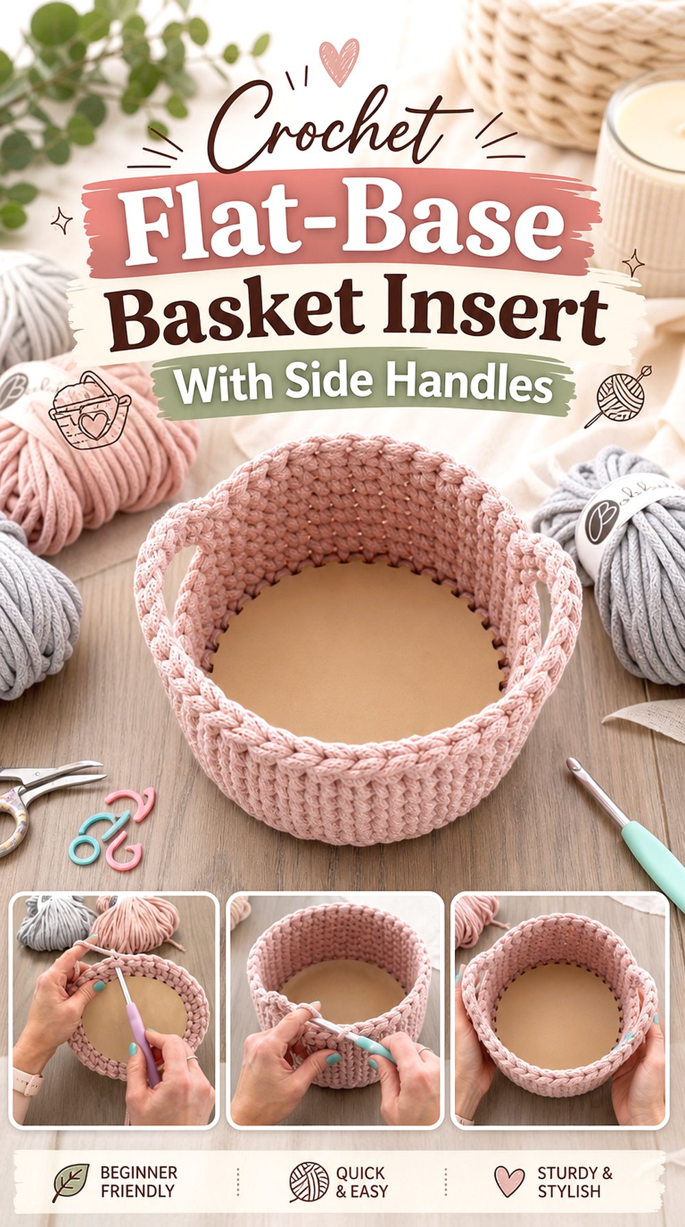 Crochet Flat Base Basket Insert With Side Handles
