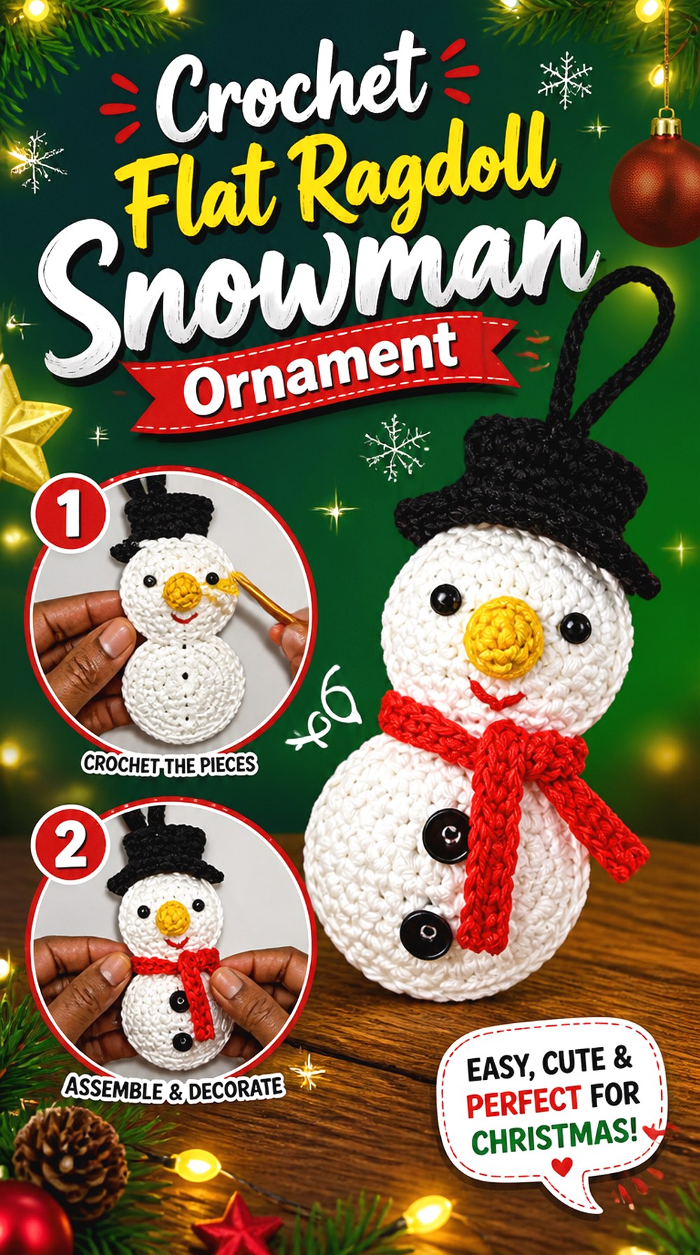 Crochet Flat Ragdoll Snowman Ornament