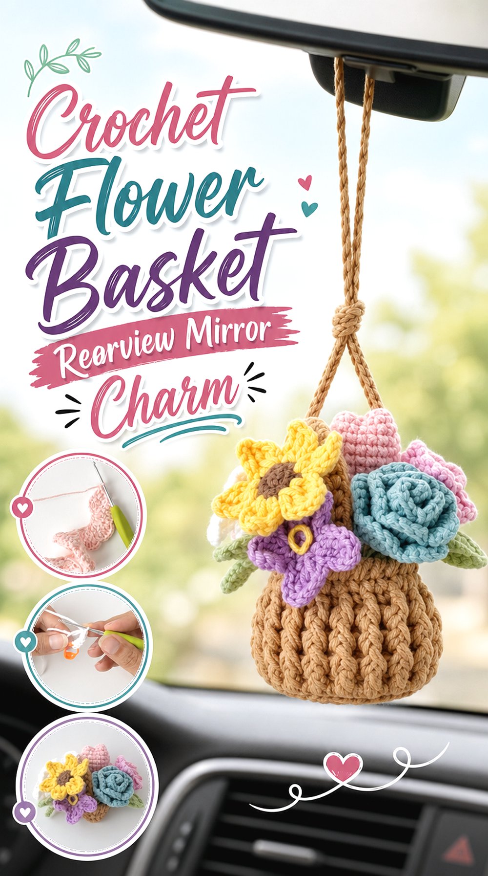 Crochet Flower Basket Rearview Mirror Charm